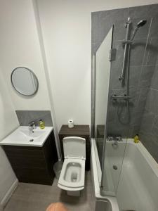 a bathroom with a toilet and a shower and a sink at Apartology Manchester in Manchester