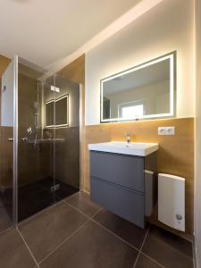 La salle de bains est pourvue d'un lavabo et d'une douche. dans l'établissement FeWo Backbord, à Braunsbedra