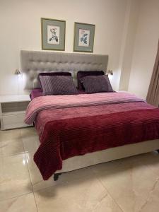 a large bed with a red blanket and two pillows at A Luxury 2 Bedroom With a perfect location in Sweifiyeh in Amman