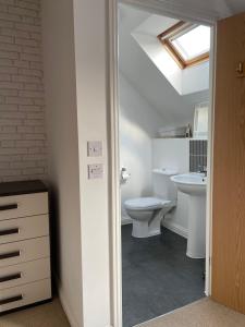 ein Badezimmer mit einem WC, einem Waschbecken und einem Dachfenster in der Unterkunft Holcott's Coach-House in Lincoln