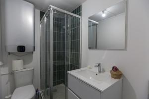 uma casa de banho com um chuveiro, um WC e um lavatório. em Pretty cocoon in the heart of the city center em Saint-Denis