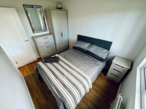 Dormitorio pequeño con cama y espejo en Cozy Snowdonia Chalet, en Caernarfon