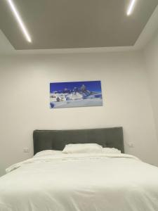 1 dormitorio con 1 cama blanca y una pintura en la pared en Appartamento Crihana, en Aosta