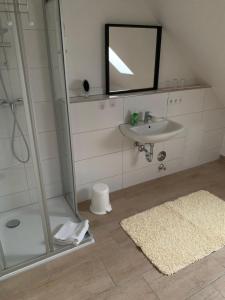 a bathroom with a shower and a sink and a mirror at Ferienwohnung, 3 Zimmer, 100 qm, Betten trennbar 2. Stock in Ilbenstadt