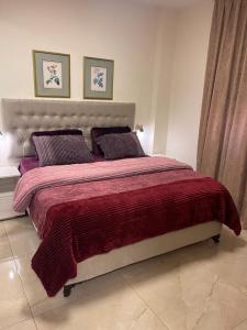 una camera da letto con un grande letto con una coperta rossa di A Luxury 2 Bedroom With a perfect location in Sweifiyeh ad Amman