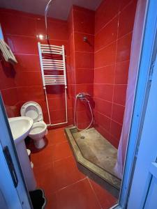 een rode badkamer met een douche en een toilet bij two story house in center of the tbilisi in Tbilisi City