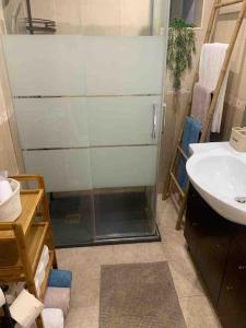 een badkamer met een glazen douche en een wastafel bij Casa Barros in Caparica