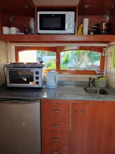 a kitchen with a microwave and a sink at Casiopea Apart in San Fernando del Valle de Catamarca