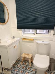 a bathroom with a toilet and a sink and a mirror at APARTAMENTO MENCER in Malpica +9 photos