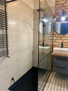 uma casa de banho com uma cabina de duche em vidro e um lavatório. em Chillout Loft Apartment AL20 em Varsóvia