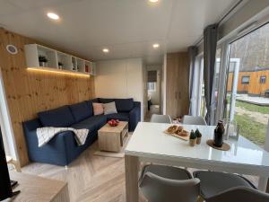 uma sala de estar com um sofá azul e uma mesa em Holiday Home Tiny Haus Panorama by Interhome em Riedenburg