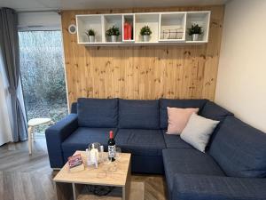 a blue couch in a living room with a table at Holiday Home Tiny Haus Antonia by Interhome in Riedenburg
