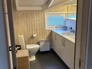 La salle de bains est pourvue de toilettes et d'un lavabo. dans l'établissement Holiday Home Santeri - 180m from the sea in NE Jutland by Interhome, à Strandby