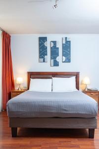 1 dormitorio con 1 cama con 2 lámparas y 2 mesas en Departamentos Amoblados Torre Tagle, en Santiago
