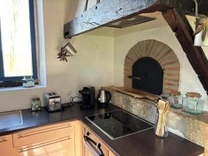 a kitchen with a stove and a brick oven at Charmant trois pièces à la campagne in Pouillon