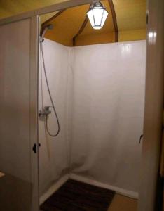 La salle de bains est pourvue d'une douche et d'une lumière au plafond. dans l'établissement Sahara Safari Camp, à Merzouga