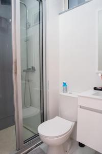 a white bathroom with a toilet and a shower at Saw Paradise in Praia T2 in Praia