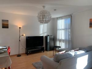 デュッセルドルフにあるComfort Apartment Düsseldorf Messe 2 rooms with kitchen, balcony, parking and elevatorのリビングルーム(ソファ、薄型テレビ付)