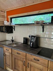 a kitchen with a sink and a counter top at Deer View Cabin - Woodland, beaches and Hot tub in Hull