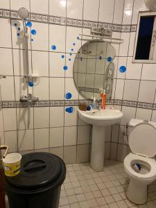 een badkamer met een toilet, een wastafel en een spiegel bij Appartement K.N.Y in Yaoundé