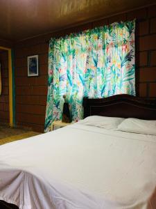 1 dormitorio con cama y ventana con cortina en Finca turística VILLA OFELIA, en Quimbaya