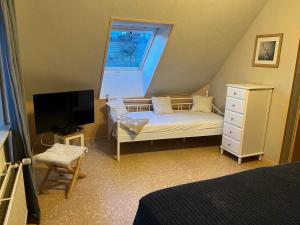 a small bedroom with a bed and a television at Ferienhaus Auszeit Harz Braunlage/Hohegeiß in Braunlage