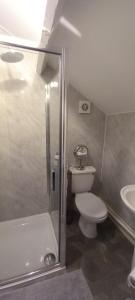 a bathroom with a shower and a toilet and a sink at Serene Homes Sheffield, Private Ensuite Velux Room in Hillsborough