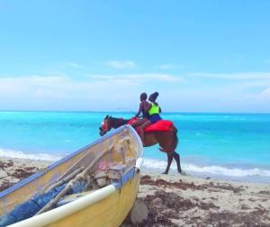 two people riding a horse next to a boat on the beach at Diana's Portmore Retreat in Portmore