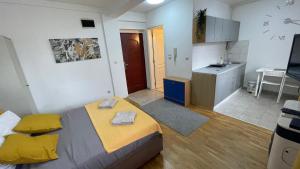 a small room with a bed and a kitchen at Voždovac Vitanovacka in Belgrade