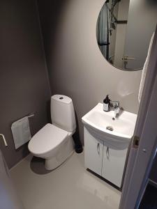 ein Badezimmer mit einem WC, einem Waschbecken und einem Spiegel in der Unterkunft Km City Room 3 On Pedestrian Street Sby in Sæby