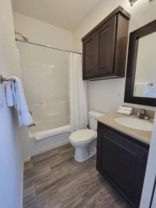 a bathroom with a toilet and a sink and a shower at Coachella Lakes RV Resort in Coachella