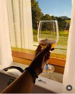 a person holding up a glass of wine at Pousada rota nas montanhas in Camanducaia
