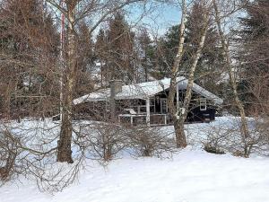 uma cabana de madeira com um telhado coberto de neve na neve em Holiday home Fjerritslev XIX em Fjerritslev