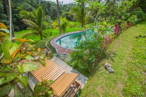 ジャティルウィにあるPesona Bali Ecolodgeの庭園内のスイミングプールの景色