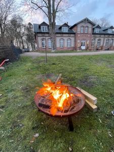 a fire pit in the grass in front of a building at Gemütliche Ferienwohnung im Gutshaus Groß Upahl 