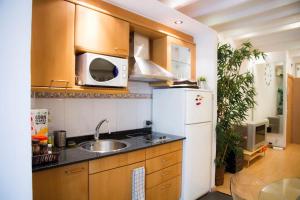 Studio Gracia By MyRentalHost في برشلونة: مطبخ مع مغسلة وثلاجة بيضاء