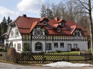 a white and black house with a red roof at Holiday home Kahl in Ilmenau