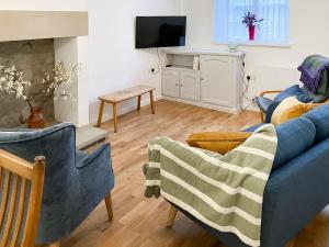 a living room with a blue couch and a tv at Coldwell Street Cottage in Wirksworth