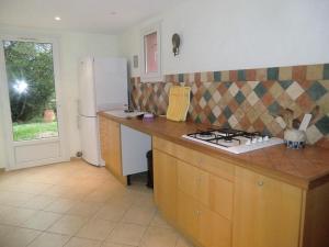 a kitchen with a counter and a stove and a refrigerator at La volière in Toulon