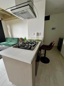 a kitchen with a stove top oven in a room at INTO suites, suite de lujo in Armenia