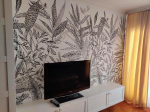 TV en un armario en una habitación con papel pintado en St. Michael Apartman en Budapest