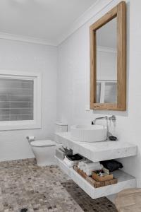 a bathroom with a sink and a toilet and a mirror at The Patonga Cottage in Patonga