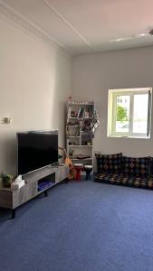 Basil Hostel في مسقط: غرفة معيشة مع تلفزيون بشاشة مسطحة وأريكة
