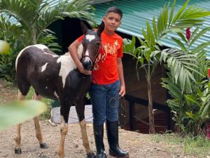 a young boy standing next to a brown and white horse at Cabañas Hermanos Solano in San Francisco