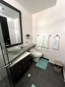 a bathroom with a sink and a toilet and a mirror at Acogedor apartamento en San Gil. in San Gil