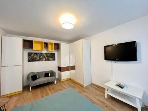 een woonkamer met een flatscreen-tv aan de muur bij Modern fully equipped studio -central- Carol Park in Boekarest