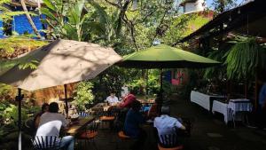 Un groupe de personnes assises à des tables sous des parasols dans l'établissement Mesón De Leyendas Breakfast & Downtown, à Valle de Bravo