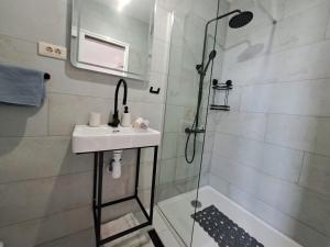 a bathroom with a sink and a shower at Rooms Katja - 10 m from beach in Gradac