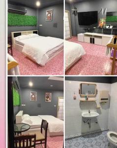 three pictures of a bedroom with a bed and a sink at Cat Home in Hat Yai