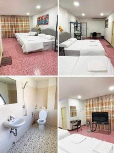 four pictures of a hotel room with two beds and a bathroom at Cat Home in Hat Yai